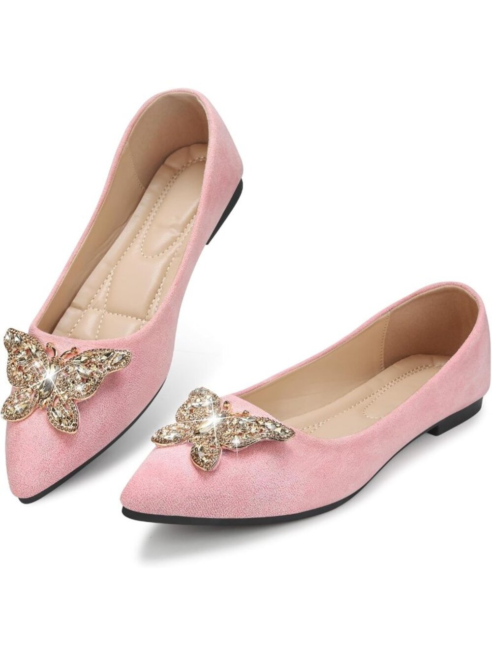 Women's Pink 1 Pointed Toe Pearl Flats Faux Suede Comfort Dress Flats Casual
